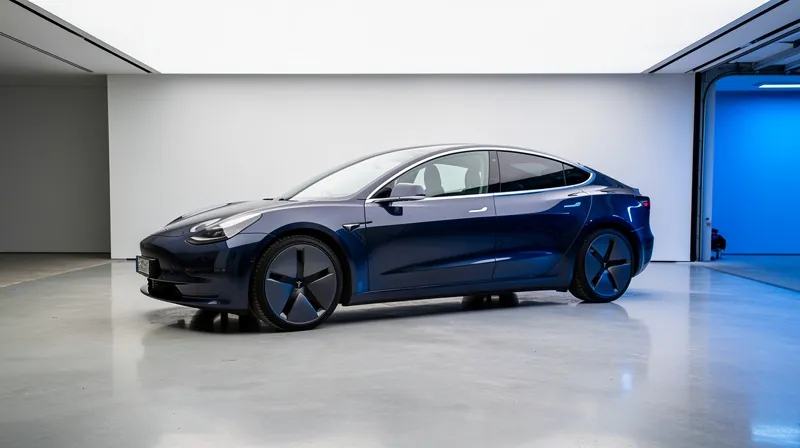 A sleek electric vehicle parked in a modern garage.