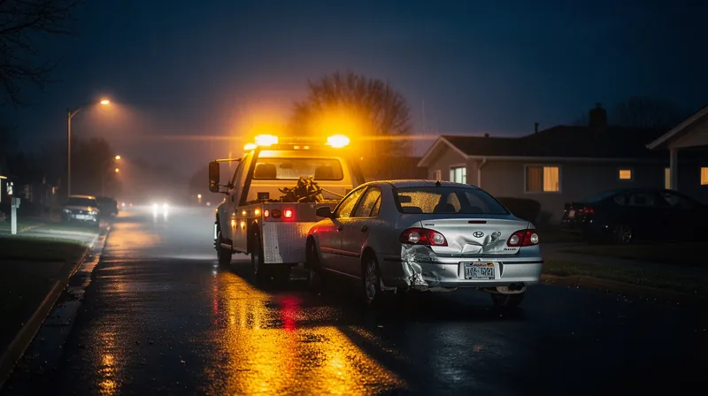 Tow truck towing a car down a residential street at night