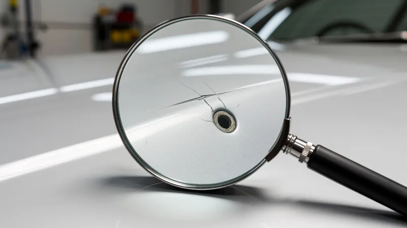 Magnifying glass revealing car hood damage