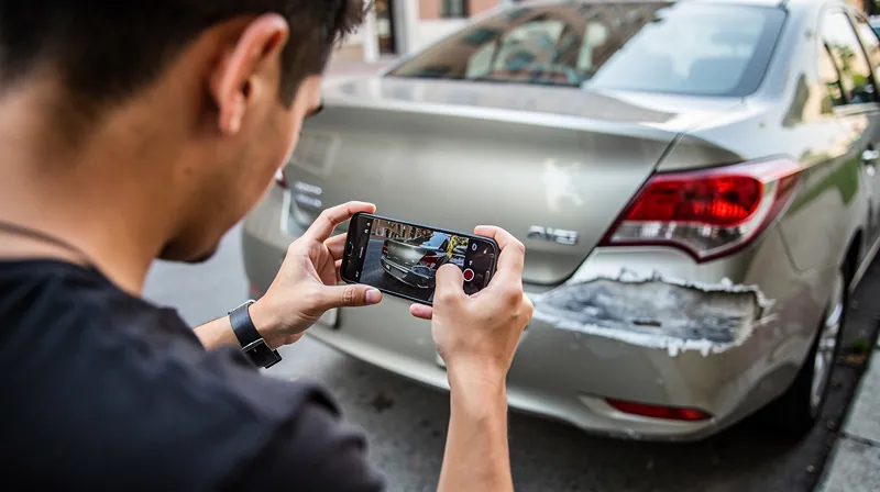 Person taking a photo of a car bumper scrape.