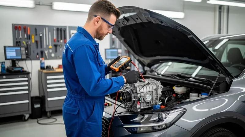 Mechanic inspecting a mechanical part of a crossover SUV in a workshop.