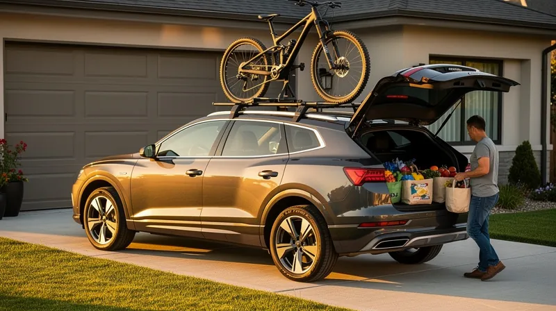 SUV with a bicycle mounted on a roof rack.