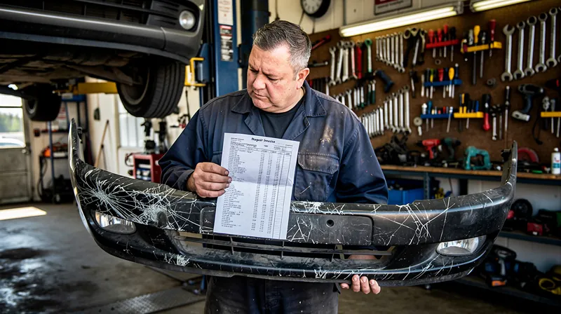 A mechanic inspecting a damaged car bumper with a repair invoice.