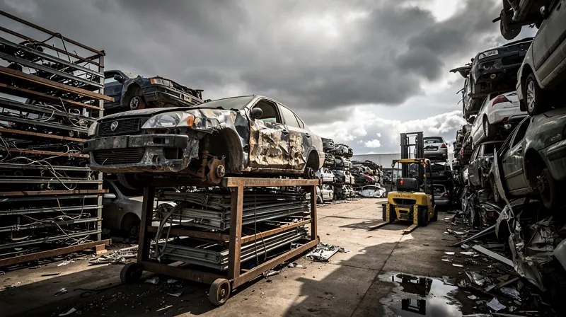 A crushed car on a metal rack in a large industrial salvage yard.