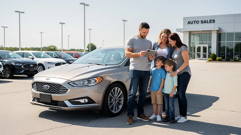 A family viewing a used sedan on a dealership lot.