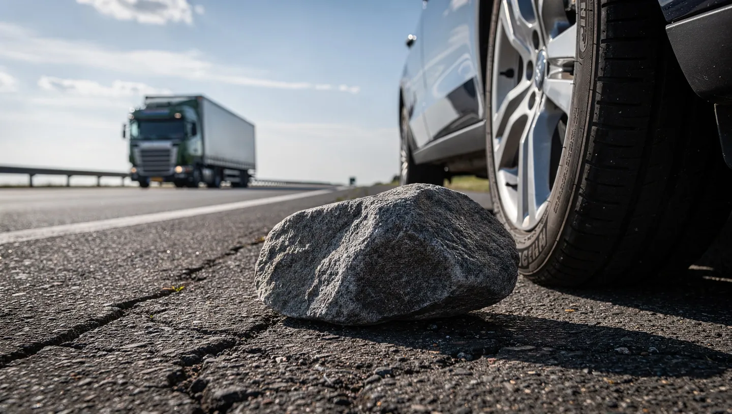 Highway scene with a large rock on the road near a car's tire.