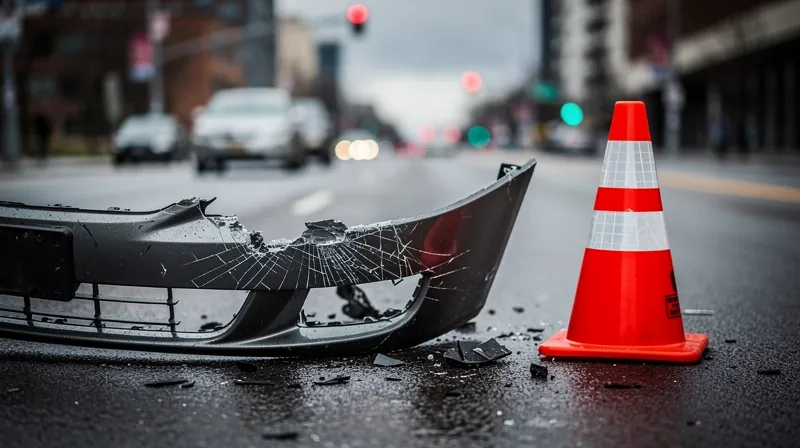 Damaged car bumper on a roadside with a traffic cone.