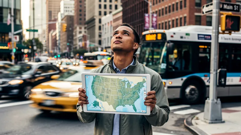 A person standing on a street corner looking at a tablet displaying a map of the US, representing state-specific insurance regulations.