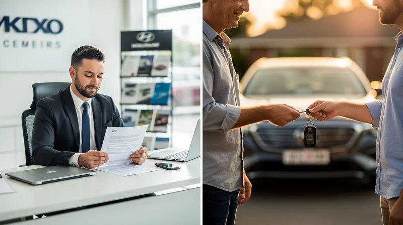 Car dealership salesperson reviewing a contract at a desk while a private seller hands over keys in the background.