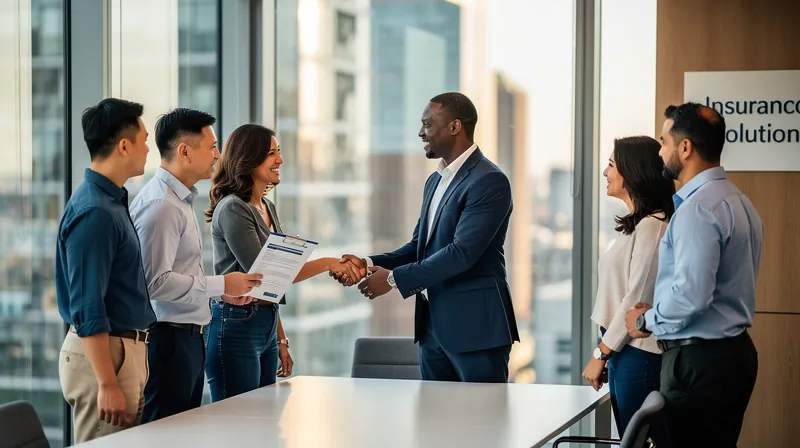 Professional insurance agent shaking hands with diverse clients