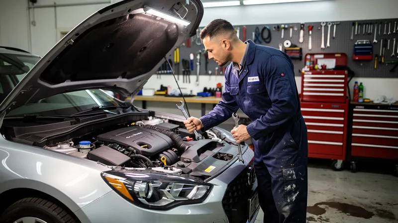 Mechanic inspecting car engine in garage