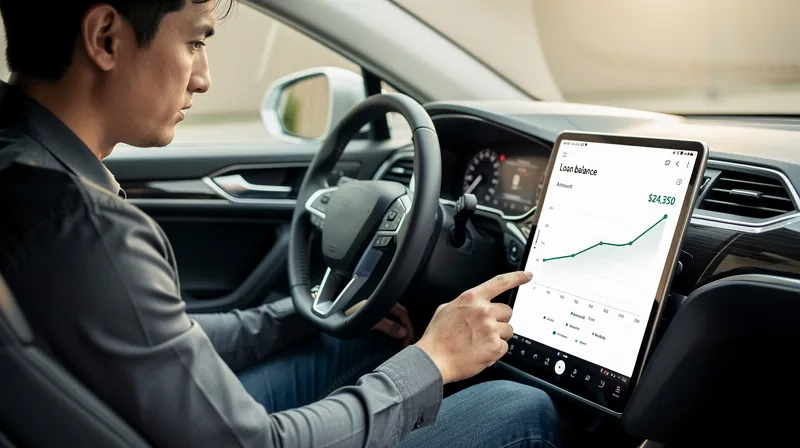 Driver looking at loan balance on tablet in car.