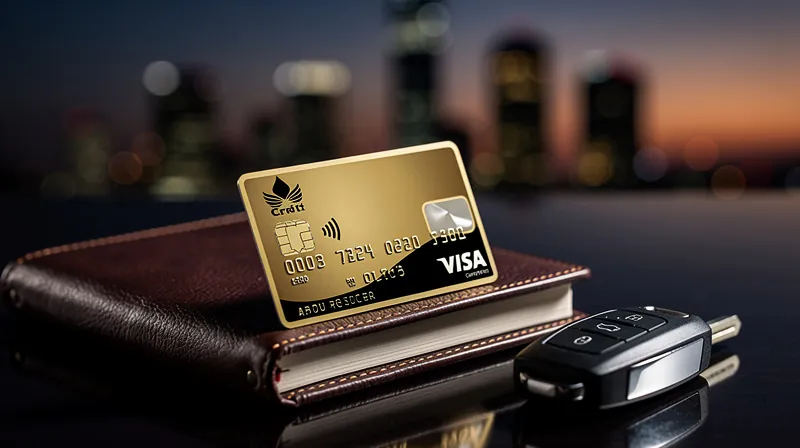 A premium credit card resting on a leather-bound notebook next to a set of car keys.