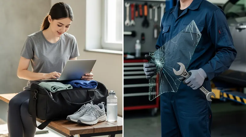 Person packing personal items vs. mechanic holding car glass.