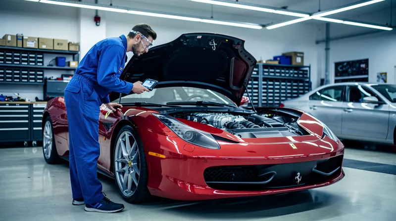 Mechanic inspecting a sports car engine.