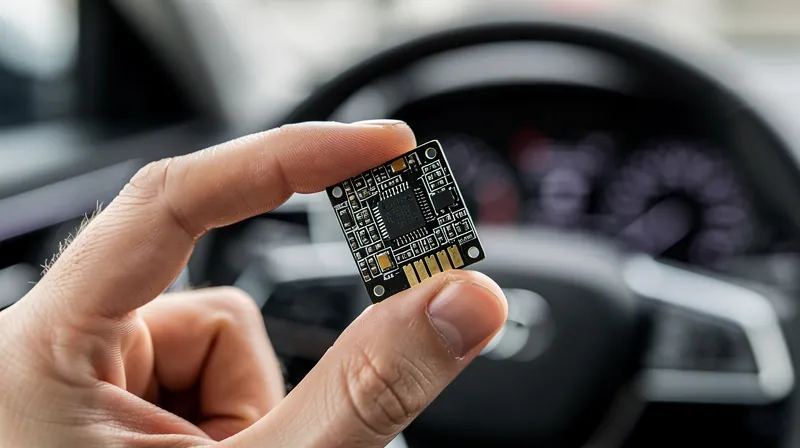 Close-up of a human hand holding an intricate electronic car component.