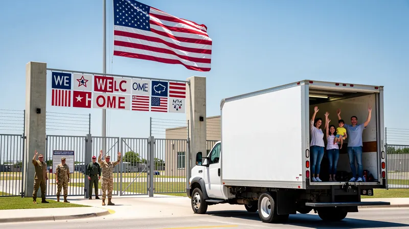 A moving truck passing a military base gate with a family waving from the back.