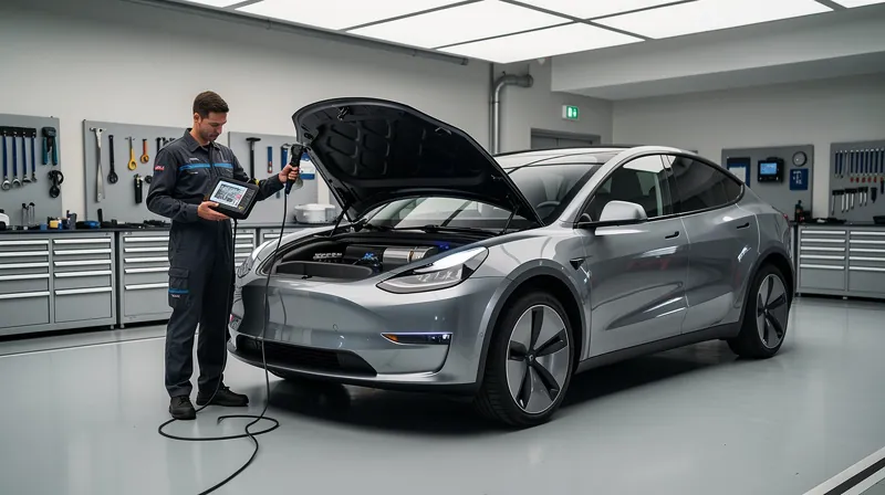 A technician using a diagnostic scanner on an electric SUV in a modern repair facility.