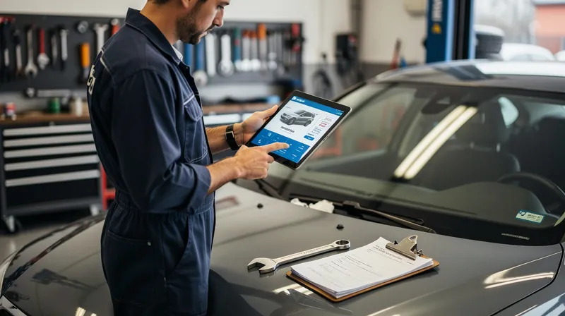 Mechanic using a digital tablet on a car dashboard to show a valuation chart.
