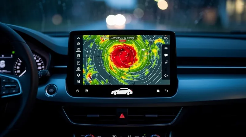 Car dashboard with weather radar app showing storm warning.