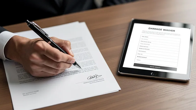 A person signing a rental car contract document.