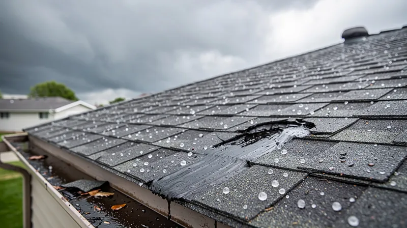 Residential roof with hail damage after a storm.