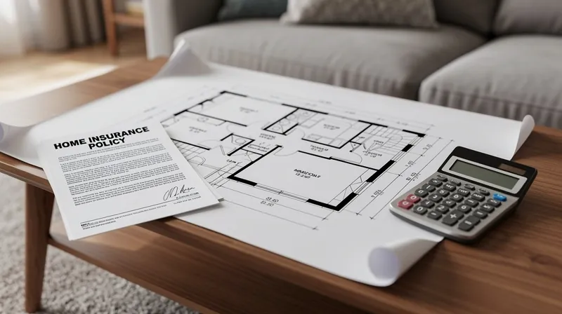 Blueprint of a house layout on a desk with insurance documents.