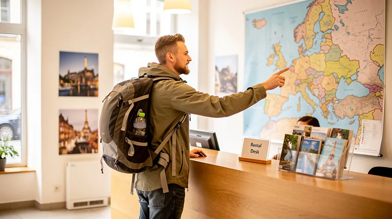 A traveler speaking with a rental agent in a foreign country.