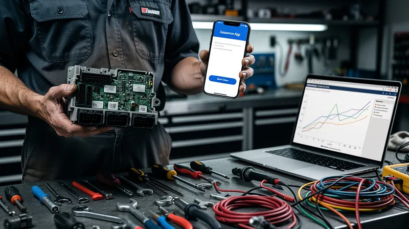 A mechanic inspecting a complex sensor module near a smartphone app showing insurance data.